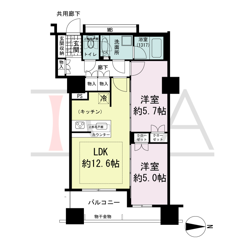 プレサンスレジェンド堺筋本町タワーの間取り図 東向き　2LDK+WIC　専有面積56.37m2
バルコニー面積7.98m2