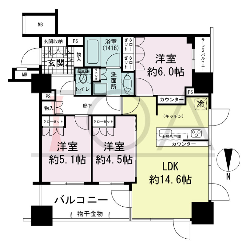 プレサンスレジェンド堺筋本町タワーの間取り図 北西向き角　3LDK　専有面積69.73m2
バルコニー面積8.10m2
サービスバルコニー面積2.41m2