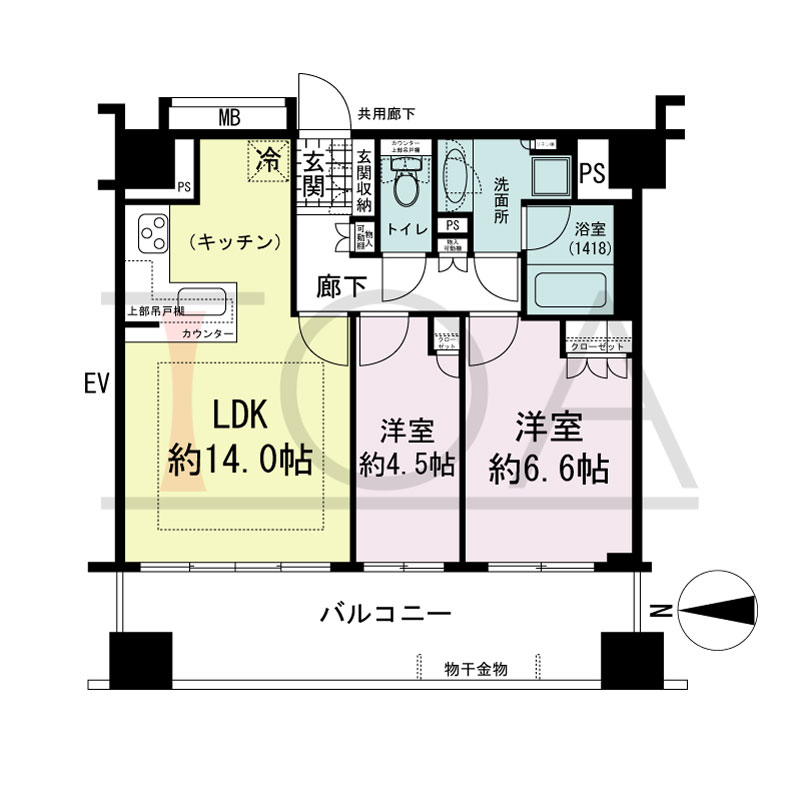 プレサンスレジェンド堺筋本町タワーの間取り図 西向き　2LDK　専有面積59.99m2
バルコニー面積15.21m2