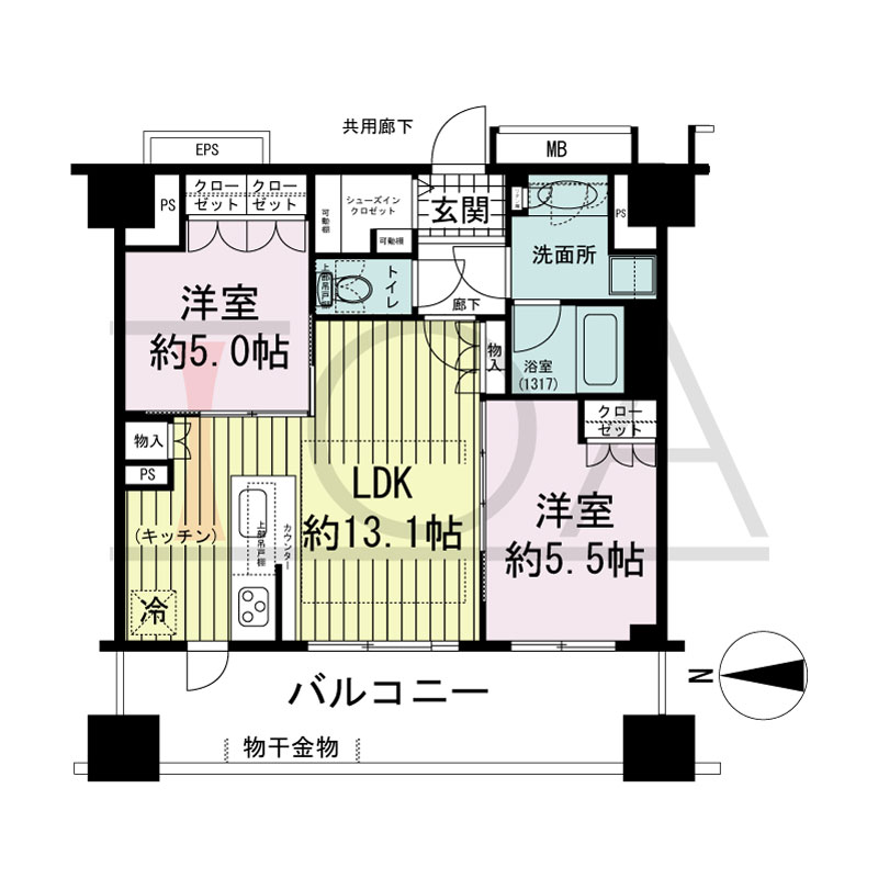 プレサンスレジェンド堺筋本町タワーの間取り図 西向き　2LDK+SIC　専有面積56.80m2
バルコニー面積14.40m2