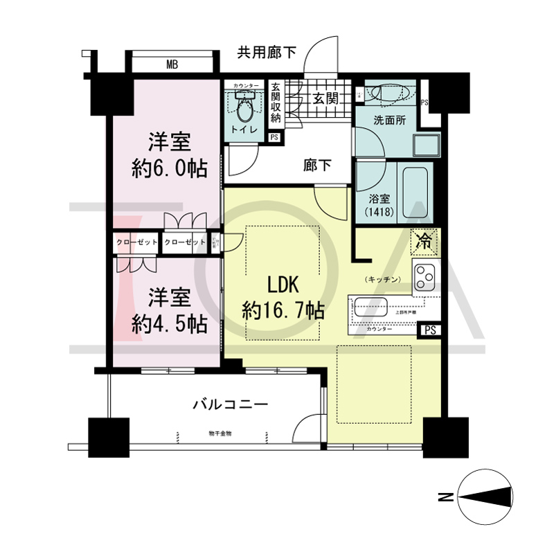 プレサンスレジェンド堺筋本町タワーの間取り図 西向き　2LDK　専有面積62.29m2
バルコニー面積8.91m2