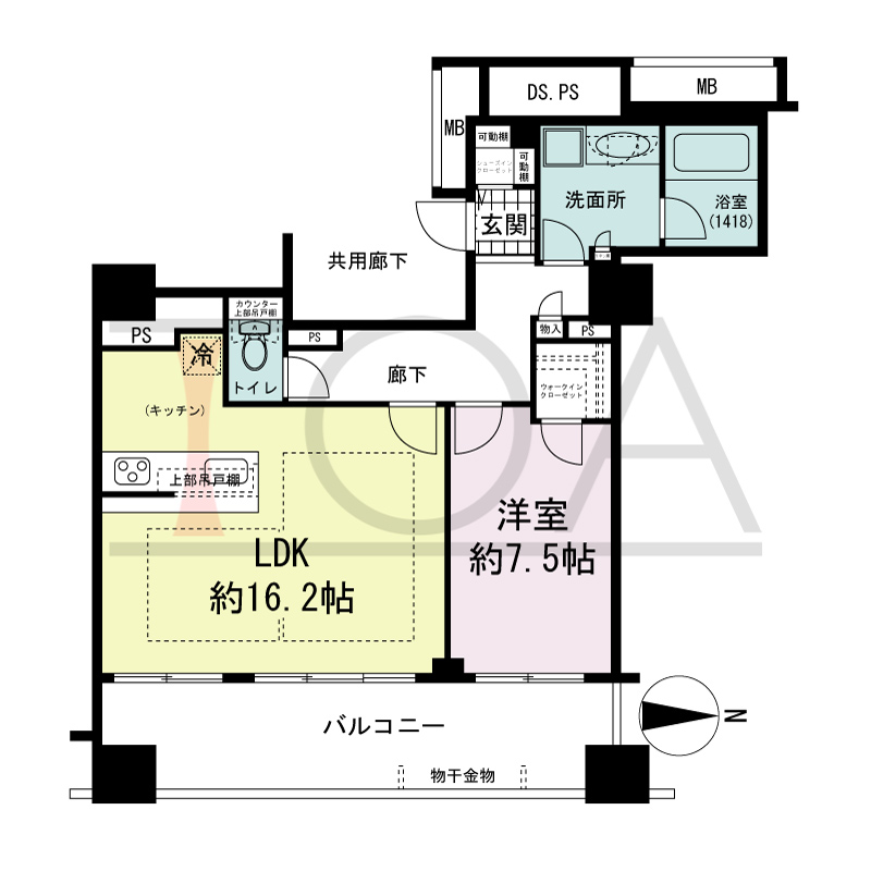 プレサンスレジェンド堺筋本町タワーの間取り図 東向き　1LDK+WIC+SIC　専有面積62.33m2
バルコニー面積15.03m2