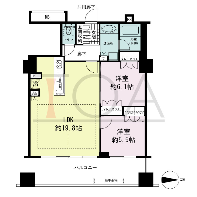 プレサンスレジェンド堺筋本町タワーの間取り図 東向き　2LDK　専有面積68.43m2
バルコニー面積14.40m2