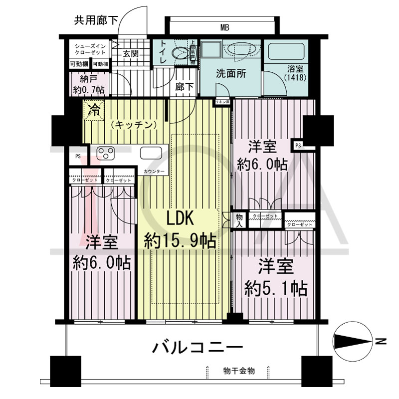 プレサンスレジェンド堺筋本町タワーの間取り図 東向き角　3LDK+N+SIC　専有面積73.60m2
バルコニー面積14.40m2