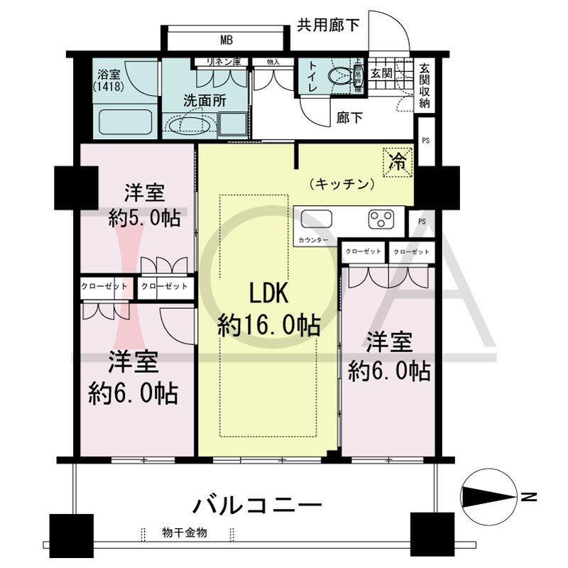 プレサンスレジェンド堺筋本町タワーの間取り図 東向き　3LDK　専有面積73.60m2
バルコニー面積14.40m2