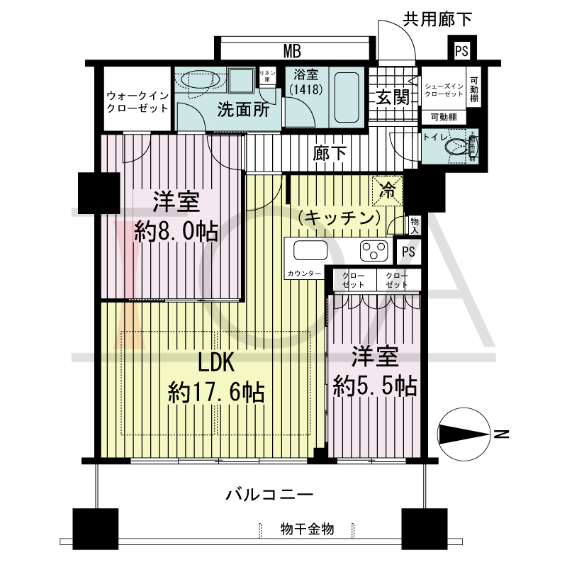 プレサンスレジェンド堺筋本町タワーの間取り図 東向き　2LDK+WIC+SIC　専有面積72.38m2
バルコニー面積13.50m2