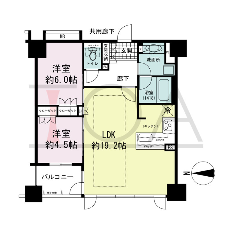 プレサンスレジェンド堺筋本町タワーの間取り図 西向き　2LDK　専有面積66.43m2
バルコニー面積4.77m2