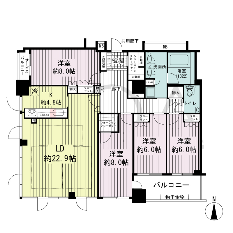プレサンスレジェンド堺筋本町タワーの間取り図 南西向き角　4LDK+WIC+SIC　専有面積125.97m2
バルコニー面積8.64m2
サービスバルコニー面積2.17m2
