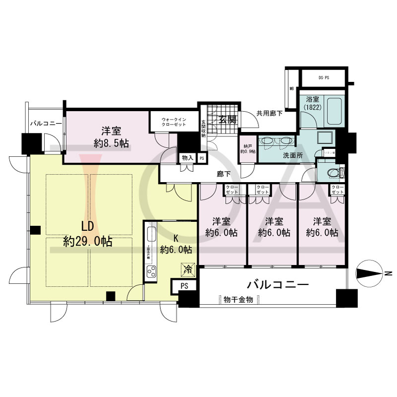 プレサンスレジェンド堺筋本町タワーの間取り図 南東向き角　4LDK+N+WIC　専有面積136.78m2
バルコニー面積17.28m2
