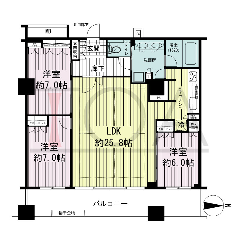 プレサンスレジェンド堺筋本町タワーの間取り図 東向き　3LDK　専有面積98.43m2
バルコニー面積19.26m2