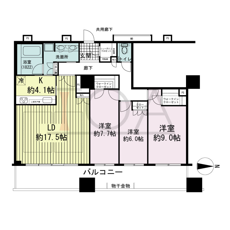 プレサンスレジェンド堺筋本町タワーの間取り図 東向き　3LDK+WIC　専有面積104.07m2
バルコニー面積23.13m2