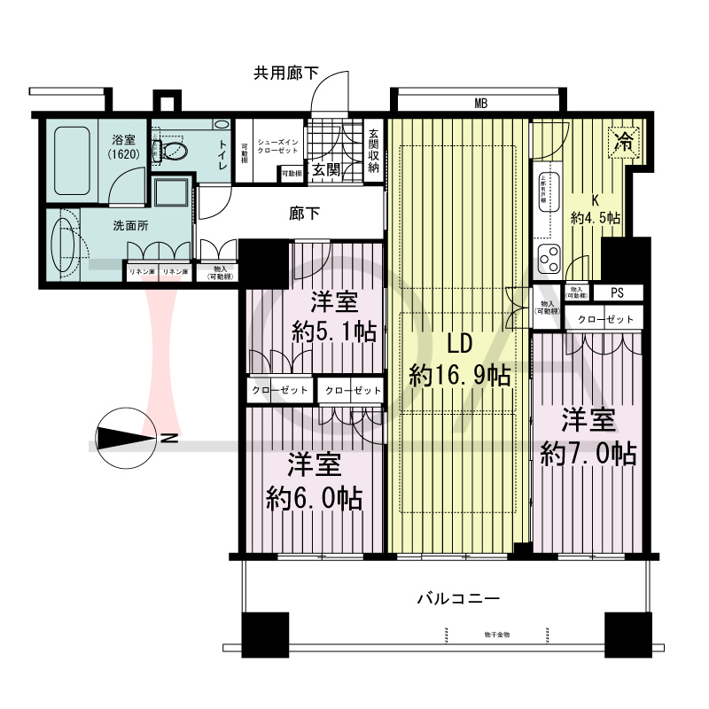 プレサンスレジェンド堺筋本町タワーの間取り図 東向き　3LDK+SIC　専有面積90.64m2
バルコニー面積15.12m2