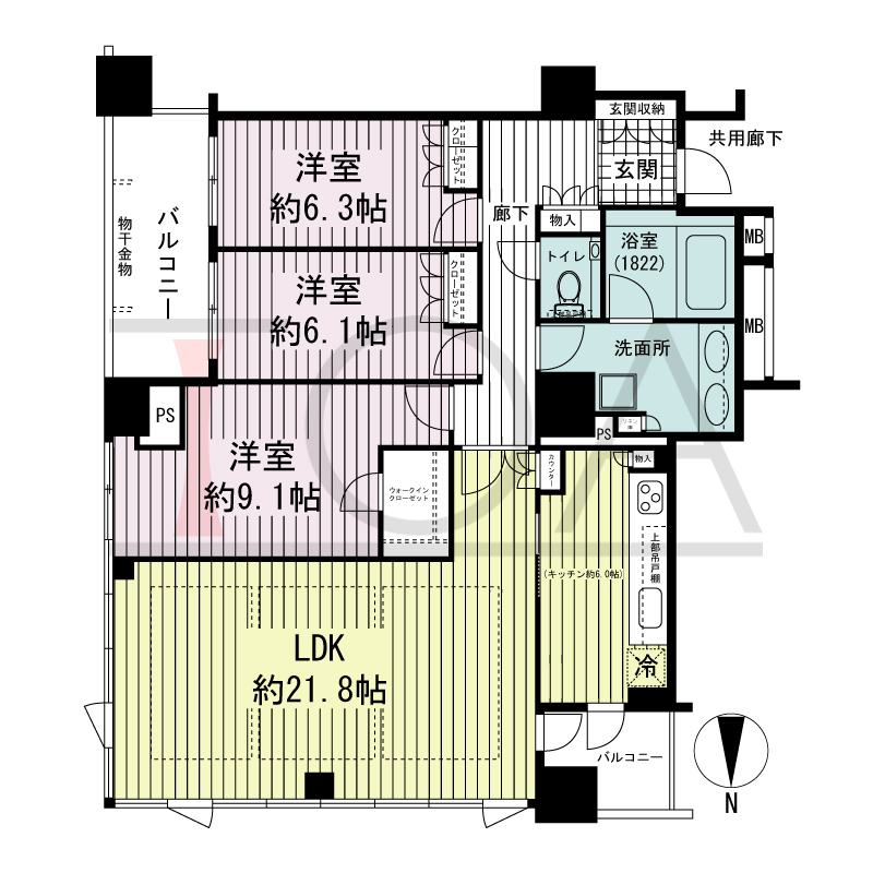 プレサンスレジェンド堺筋本町タワーの間取り図 北東向き角　3LDK+WIC　専有面積111.79m2
バルコニー面積12.51m2