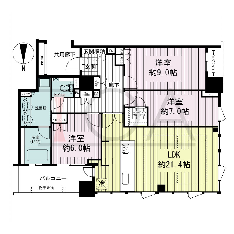 プレサンスレジェンド堺筋本町タワーの間取り図 北西向き角　3LDK+WIC　専有面積101.24m2
バルコニー面積8.37m2
サービスバルコニー面積1.71m2
