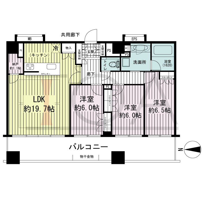 プレサンスレジェンド堺筋本町タワーの間取り図 西向き　3LDK+N　専有面積90.17m2
バルコニー面積22.86m2
