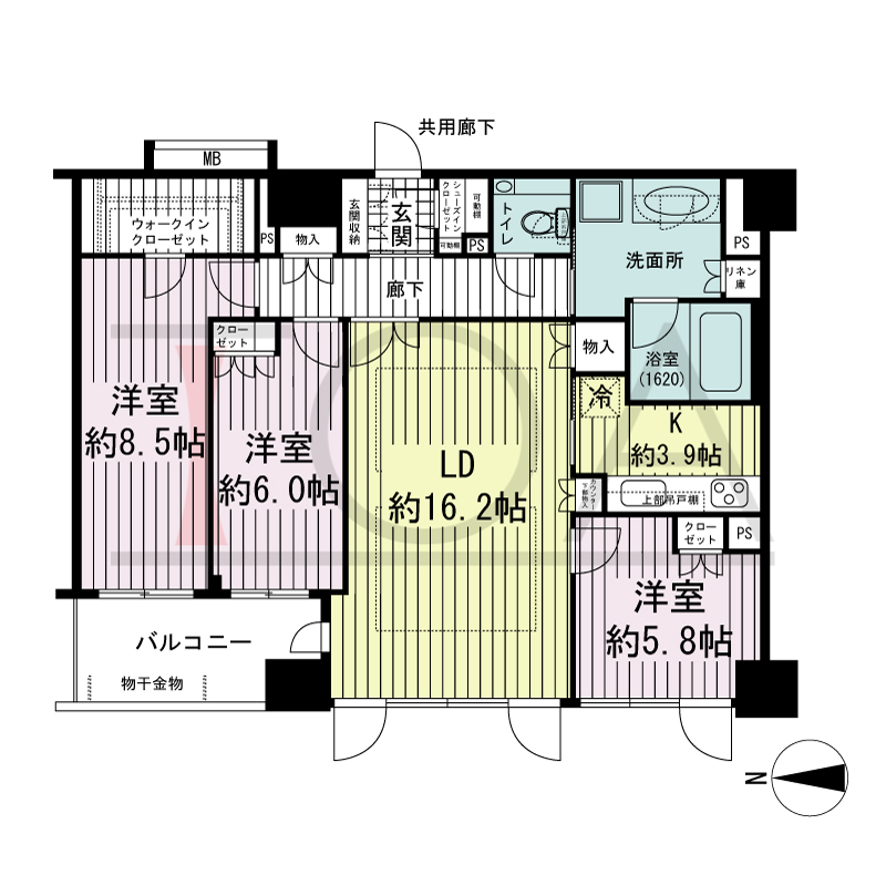 プレサンスレジェンド堺筋本町タワーの間取り図 西向き　3LDK+WIC+SIC　専有面積97.01m2
バルコニー面積7.56m2
