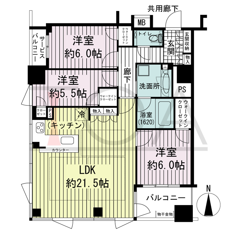 プレサンスレジェンド堺筋本町タワーの間取り図 南西向き角　3LDK+WIC　専有面積87.57m2
バルコニー面積5.58m2
サービスバルコニー面積1.95m2