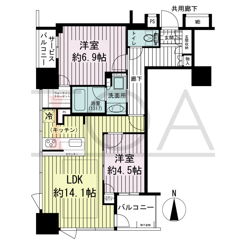 プレサンスレジェンド堺筋本町タワーの間取り図 南西向き角　2LDK+WIC　専有面積59.52m2
バルコニー面積3.65m2
サービスバルコニー面積2.60m2