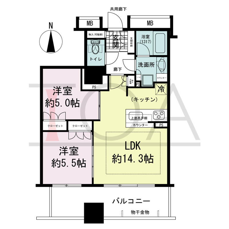 プレサンスレジェンド堺筋本町タワーの間取り図 南向き　3LDK+WIC　専有面積56.98m2
バルコニー面積11.91m2