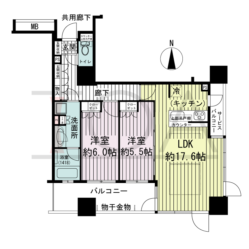 プレサンスレジェンド堺筋本町タワーの間取り図 南東向き角　2LDK　専有面積68.24m2
バルコニー面積10.71m2
サービスバルコニー面積2.69m2
