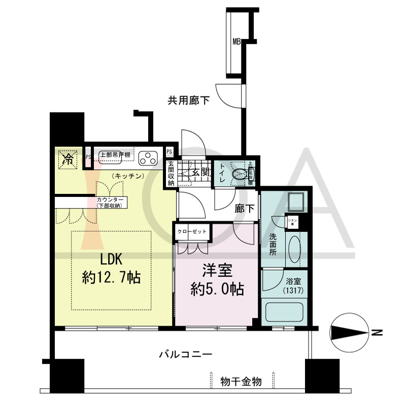 プレサンスレジェンド堺筋本町タワーの間取り図 東向き　1LDK　専有面積42.24m2
バルコニー面積14.22m2