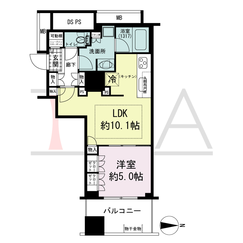 プレサンスレジェンド堺筋本町タワーの間取り図 東向き　1LDK+SIC　専有面積40.73m2
バルコニー面積6.30m2