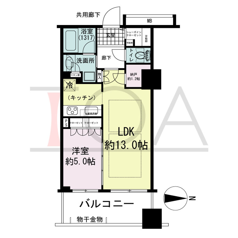 プレサンスレジェンド堺筋本町タワーの間取り図 東向き　1LDK+N+SIC　専有面積45.54m2
バルコニー面積8.91m2