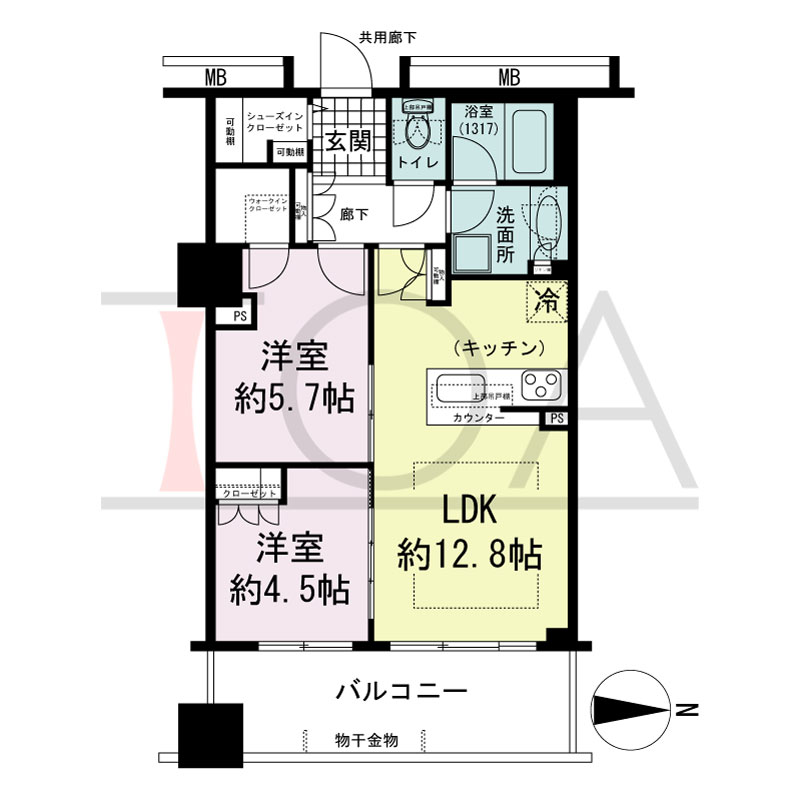 プレサンスレジェンド堺筋本町タワーの間取り図 東向き　2LDK+WIC+SIC　専有面積55.20m2
バルコニー面積10.80m2