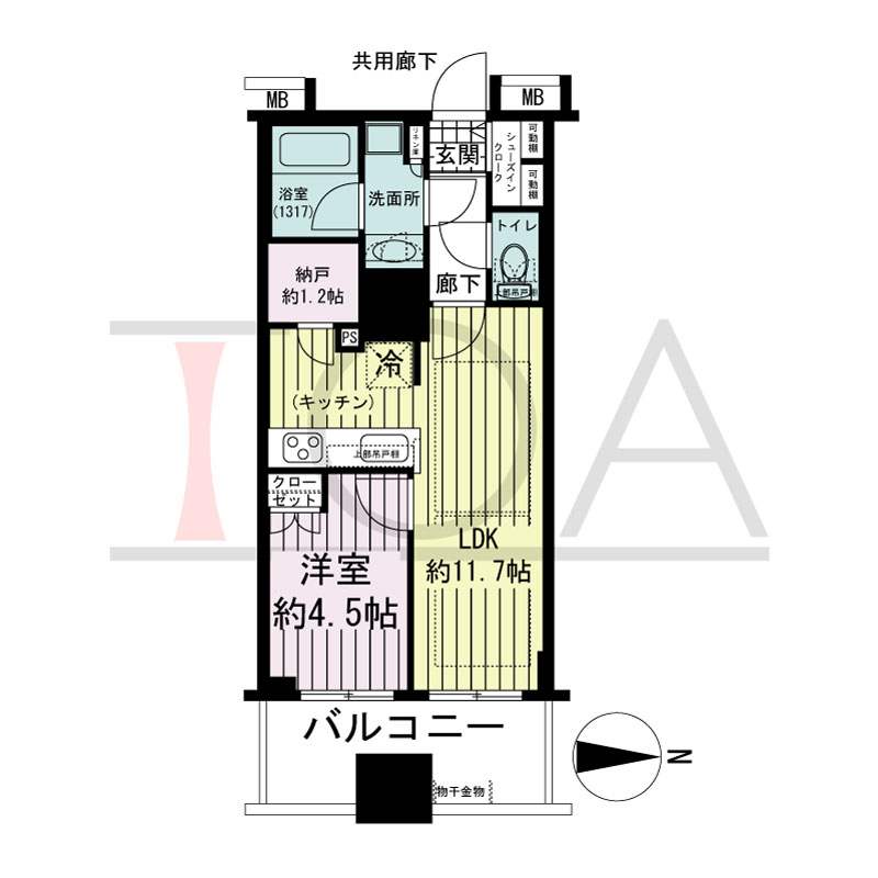 プレサンスレジェンド堺筋本町タワーの間取り図 東向き　1LDK+N+SIC　専有面積40.94m2
バルコニー面積8.01m2