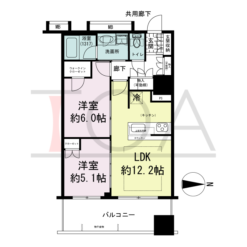 プレサンスレジェンド堺筋本町タワーの間取り図 東向き　2LDK+WIC　専有面積55.20m2
バルコニー面積10.80m2