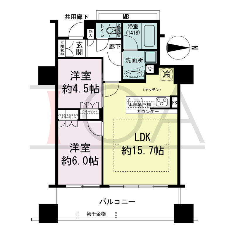 プレサンスレジェンド堺筋本町タワーの間取り図 東向き　2LDK　専有面積58.16m2
バルコニー面積12.24m2