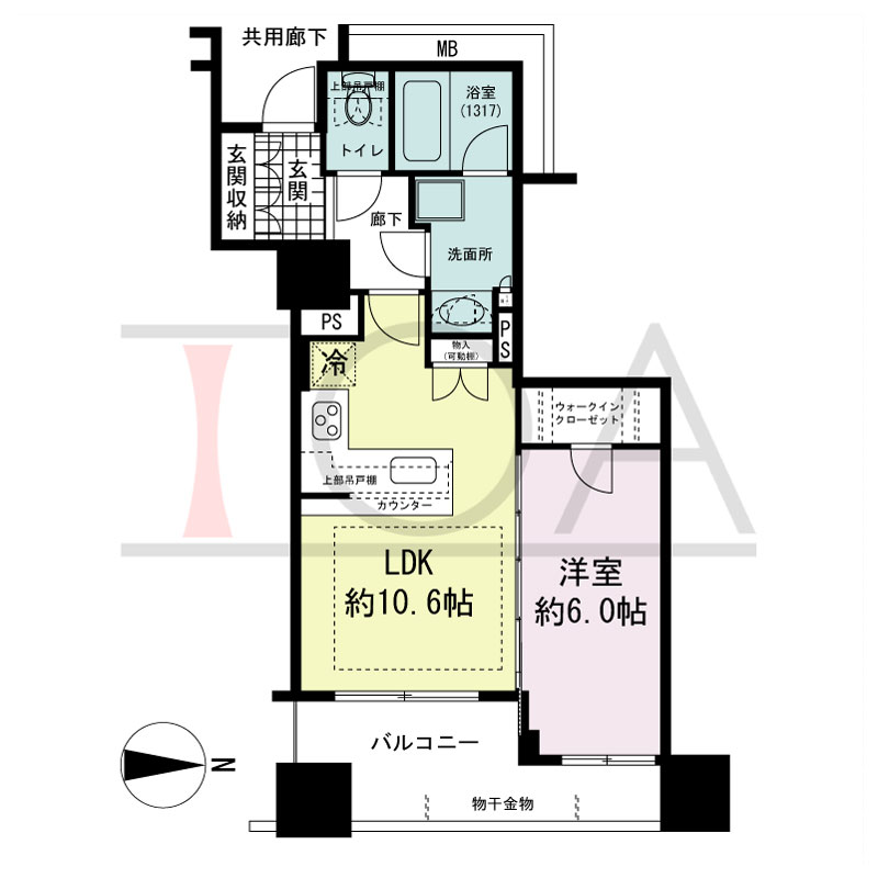プレサンスレジェンド堺筋本町タワーの間取り図 東向き　1LDK+WIC　専有面積43.17m2
バルコニー面積7.64m2
