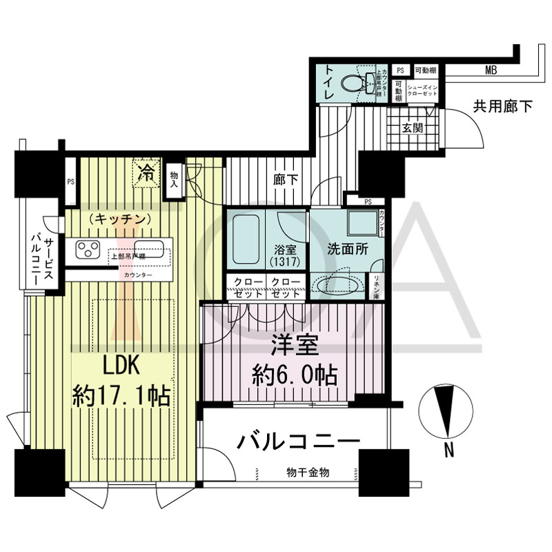 プレサンスレジェンド堺筋本町タワーの間取り図 北東向き角　1LDK+SIC　専有面積56.34m2
バルコニー面積7.47m2
サービスバルコニー面積2.56m2