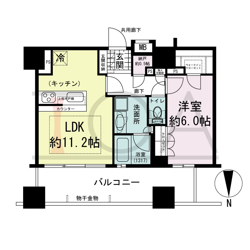 プレサンスレジェンド堺筋本町タワーの間取り図 北向き　1LDK+N+WIC　専有面積46.77m2
バルコニー面積13.53m2
