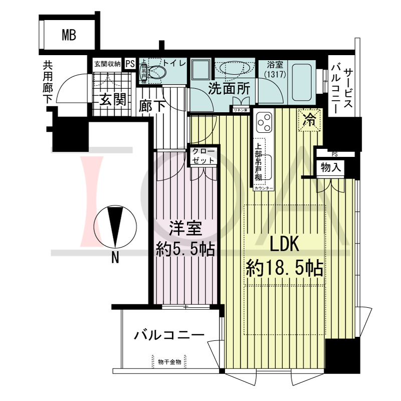 プレサンスレジェンド堺筋本町タワーの間取り図 北西向き角　1LDK　専有面積55.00m2
バルコニー面積5.27m2
サービスバルコニー面積2.07m2