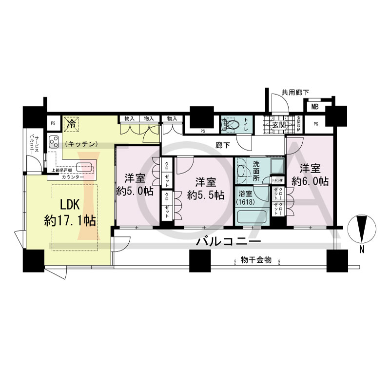 プレサンスレジェンド堺筋本町タワーの間取り図 北東向き角　3LDK　専有面積79.62m2
バルコニー面積18.18m2
サービスバルコニー面積2.30m2