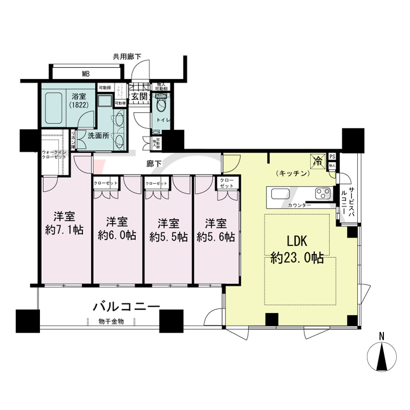 プレサンスレジェンド堺筋本町タワーの間取り図 南東向き角　4LDK+SIC　専有面積103.62m2
バルコニー面積14.22m2
サービスバルコニー面積2.69m2