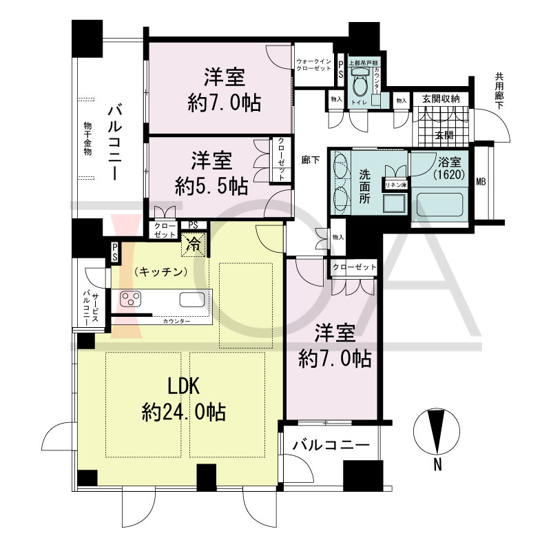 プレサンスレジェンド堺筋本町タワーの間取り図 北東向き角　3LDK+WIC　専有面積99.08m2
バルコニー面積14.76m2
サービスバルコニー面積2.18m2