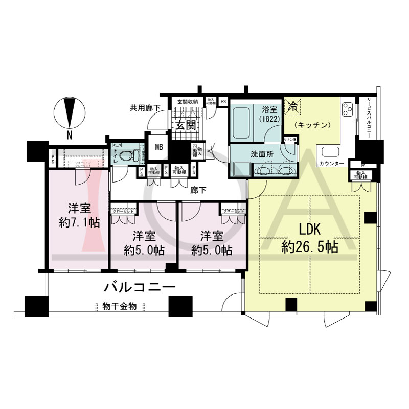 プレサンスレジェンド堺筋本町タワーの間取り図 北西向き角　3LDK+WIC　専有面積104.27m2
バルコニー面積15.03m2
サービスバルコニー面積1.71m2