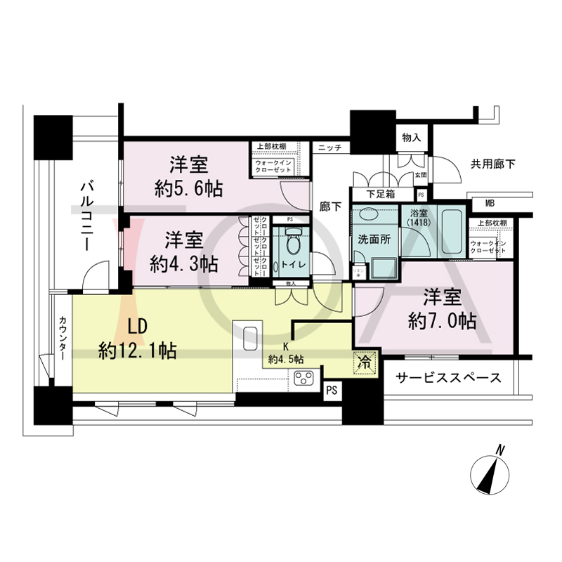 プラウド神戸トアロードの間取り図 南東向き角
3LDK+2WIC
専有面積77.66m2
バルコニー面積7.96m2
サービススペース面積4.25m2