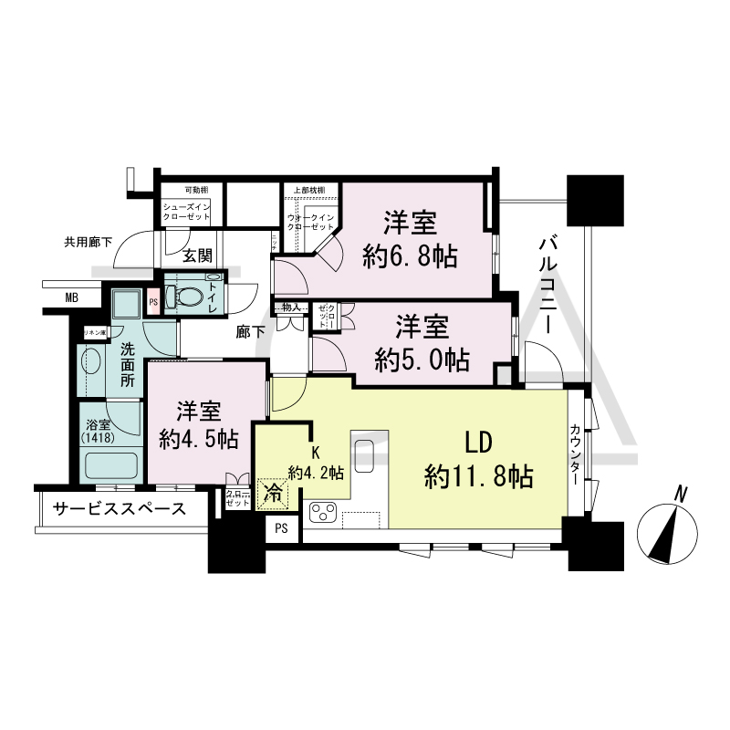 プラウド神戸トアロードの間取り図 南東向き角
3LDK+WIC+SIC
専有面積76.28m2
バルコニー面積7.37m2
サービススペース面積4.46m2