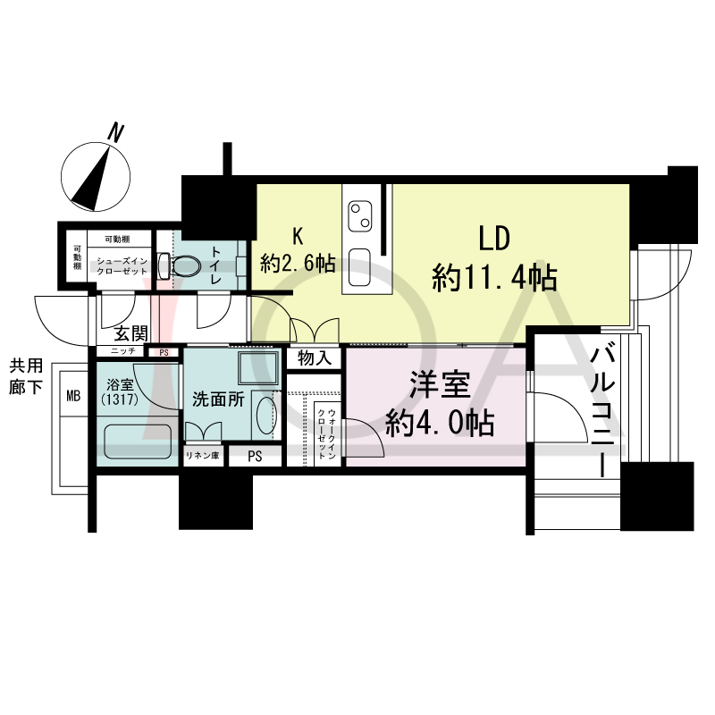 プラウド神戸トアロードの間取り図 北東向き 1LDK+WIC+SIC
専有面積40.57m2
バルコニー面積5.66m2