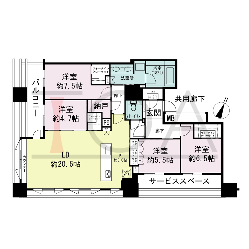 プラウド神戸トアロードの間取り図 南東向き角
4LDK+3WIC+SIC+N
専有面積118.15m2
バルコニー面積10.88m2
サービススペース面積7.90m2