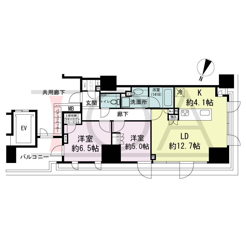 プラウド神戸トアロードの間取り図 北西向き角
2LDK+WIC+SIC
専有面積67.57m2
バルコニー面積8.81m2