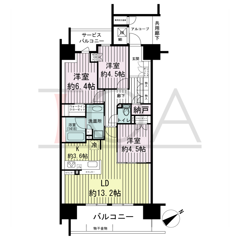 シエリア神戸元町の間取り図 南東向き住戸
3LDK+N+WIC 専有面積76.82m2
バルコニー面積 12.00m2