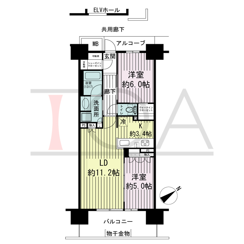 シエリア神戸元町の間取り図 南東向き住戸
2LDK+WIC+SIC 専有面積59.36m2
バルコニー面積 10.90m2