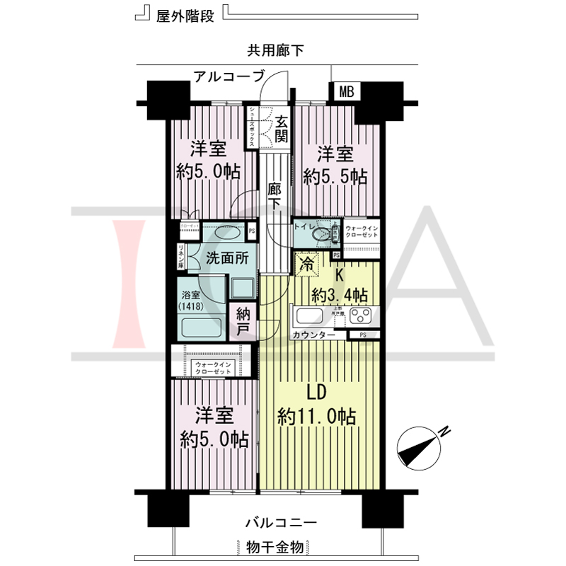 シエリア神戸元町の間取り図 南東向き住戸
3LDK+N+2WIC 専有面積68.88m2
バルコニー面積12.00m2