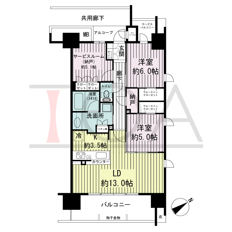 シエリア神戸元町の間取り図 南東向き角住戸
2LDK+S+N+2WIC 専有面積76.90m2
バルコニー面積 12.40m2
