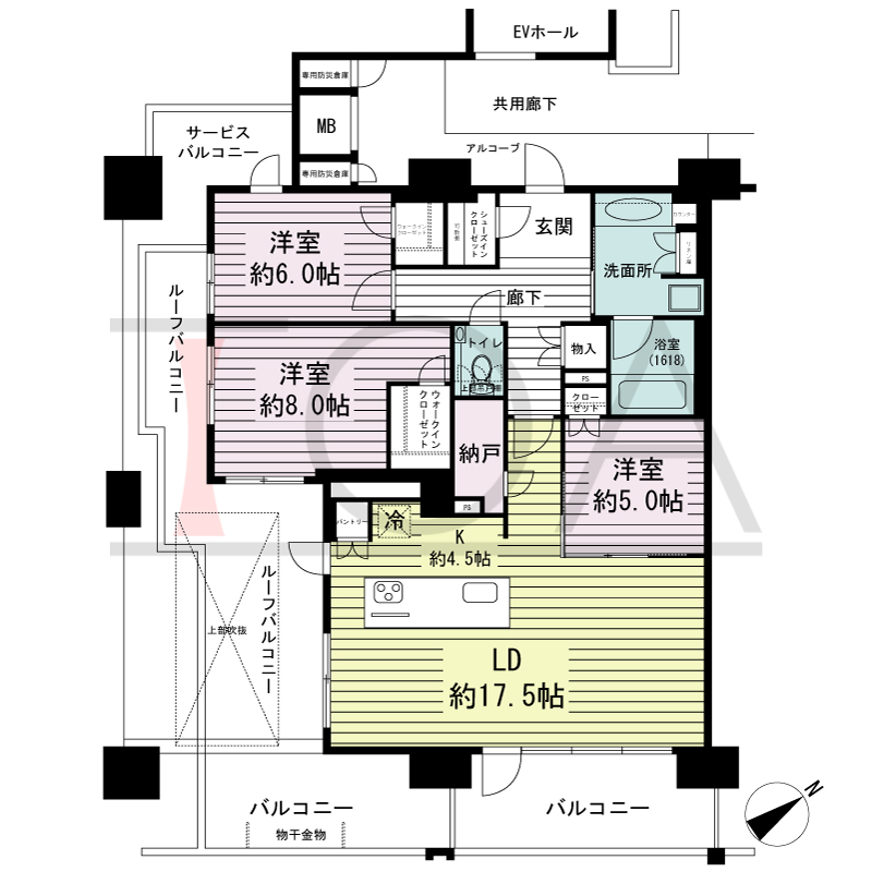 シエリア神戸元町の間取り図 南東向き角住戸
3LDK+N+2WIC+SIC 専有面積 99.89m2
バルコニー面積20.24m2