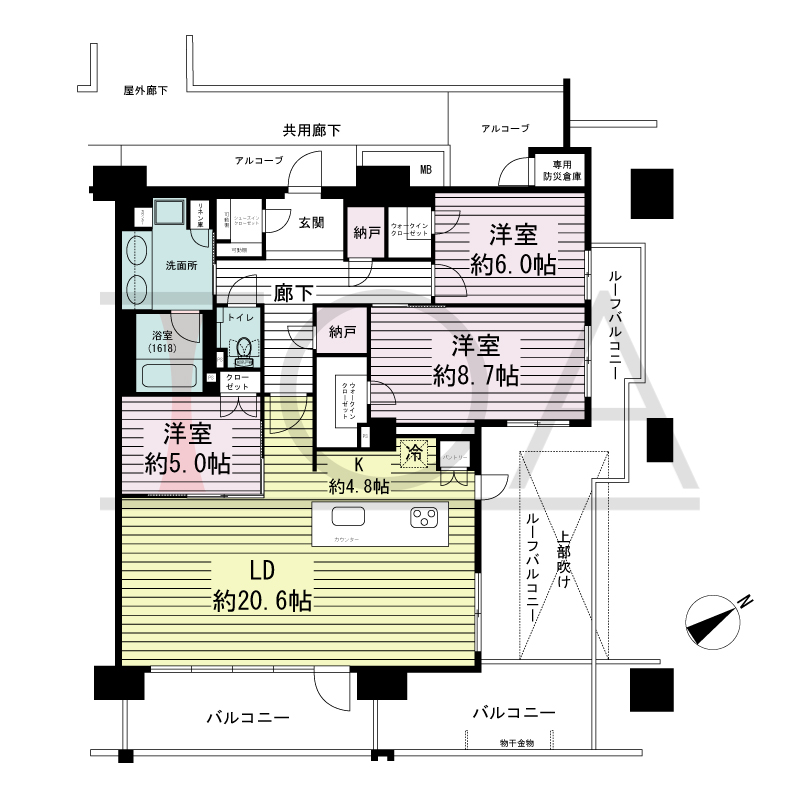 シエリア神戸元町の間取り図 南東向き角住戸
3LDK+2N+2WIC+SIC 専有面積 109.23m2
バルコニー面積 21.88m2